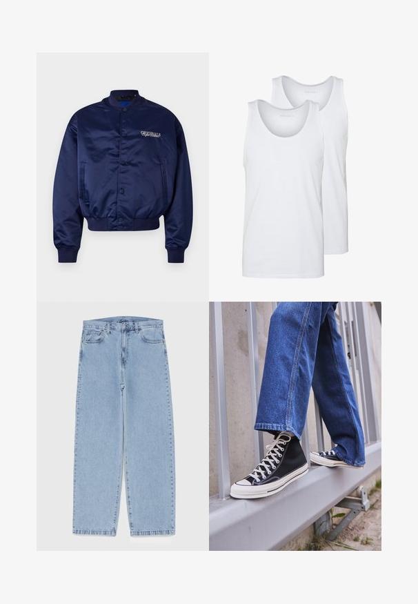 Tamsiai mėlynas satino bombers tipo švarkas su sagų užsegimu, raištinėmis rankovėmis ir apačia. Krūtinėje yra šviesiai smėlio spalvos siuvinėtas užrašas "ORIGINALS".; Baltos medvilninės tankų marškiniai su apvaliais kaklais, turintys lygią tekstūrą. Du vienetai rodomi, pažymėti "PIER ONE."; Šviesiai mėlyni džinsai su tiesiomis kojomis, turintys vidutinio aukščio juosmenį, penkias kišenes ir mygtuko bei užtrauktuko uždarymą.; Juodi aukšti sportiniai bateliai su baltu padu ir raišteliais, derinami su laisvai krentančiais mėlynais džinsais, atremti į pilką turėklą.