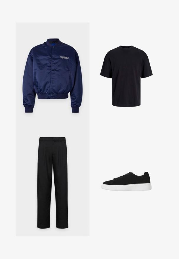 Tumesinise satiinist bomber-jakk, millel on nupuga esikülg, soonikust mansetid ja allääre. Rinnas on tikkimisega "ORIGINALS" heledas beežis.; Must must on mustre, lühikeste varrukatega ja vabalt langev. Sile tekstuur ja ilma nähtavate mustrite või aktsentideta.; Mustad mustadest riietest, millel on sirge jalgade disain, kaks eesmist voltimist ja tavaline vöökoht, millel on vöökohad.; Must musta ketsid ümarate varvastega, lukk ees ja valge kummist taldadega. Lihtne disain minimaalse aktsentiga ja siledat tekstuuri.