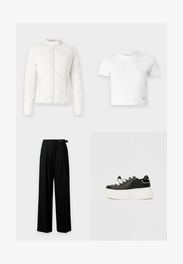 Valkoinen tikattu takki, jossa on pystykaulus, etuvetoketju ja kaksi sivutaskua. Sisältää vinoa ompelua ja sileän tekstuurin.; Valkoinen lyhytcropattu t-paita, joka on valmistettu sileästä puuvillasta. Siinä on korkea kaula-aukko ja lyhyet hihat. Pienessä alakulmassa on brodeerattu logo.; Mustat leveät housut korkealla vyötäröllä, etuosassa laskokset ja soljellinen vyö. Valmistettu sileästä ja kevyestä kankaasta.; Mustat nahkasneakerit paksulla valkoisella urheilupohjalla, joissa on valkoiset nauhat ja koristeellinen nauhaakkina kielessä.
