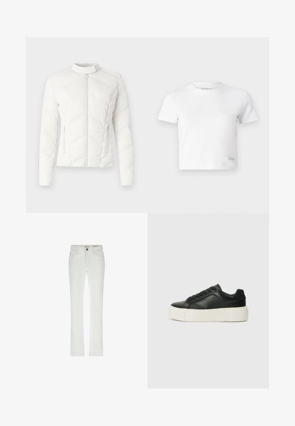 Balts kvadrātveida mētelis ar stāvošu apkakli, priekšējo rāvējslēdzēju un divām sānu kabatām. Iezīmējas ar diagonālo šuvju un gludu tekstūru.; Balts īsais T-krekls, izgatavots no gludas kokvilnas, ar augstu kakla izgriezumu un īsām piedurknēm. Neliels izšūts logo apakšējā stūrī.; Balti džinsi ar slim fit piegriezumu, 5 kabatu dizainu un kontrastējošu šuvju. Iespēju klāstā ir pogu aizdare un smalka zīmola etiķete uz jostas.; Melnas ādas kedas ar noapaļotu pirkstu, baltu platformas zoli un melnām auklām. Iespējams, satur diskrētu logo uz papēža un gludu tekstūru.