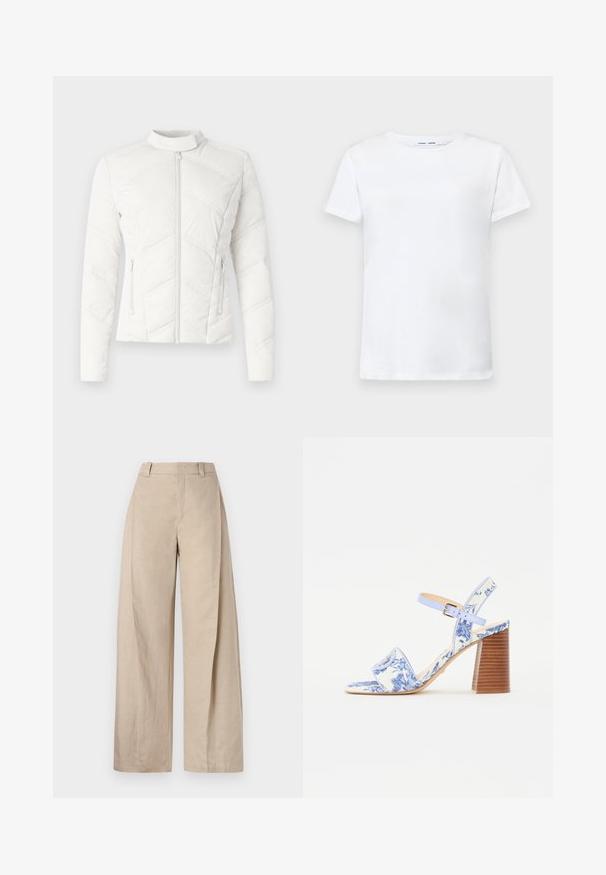 Vit kviltad jacka med stående krage, framdragkedja och två sidofickor. Har diagonal sömnad och mjuk textur.; Vit kortärmad t-shirt i bomull med rundad halsringning. Slät textur och rak skärning, utan mönster eller detaljer.; Beige linnenbyxor med vida ben och hög midja, med en slät yta och rena linjer, designade för en avslappnad passform.; Blå blommönstrad sandalett med fyrkantig tå, bred rem och justerbar vristrem, med en texturerad träklack.