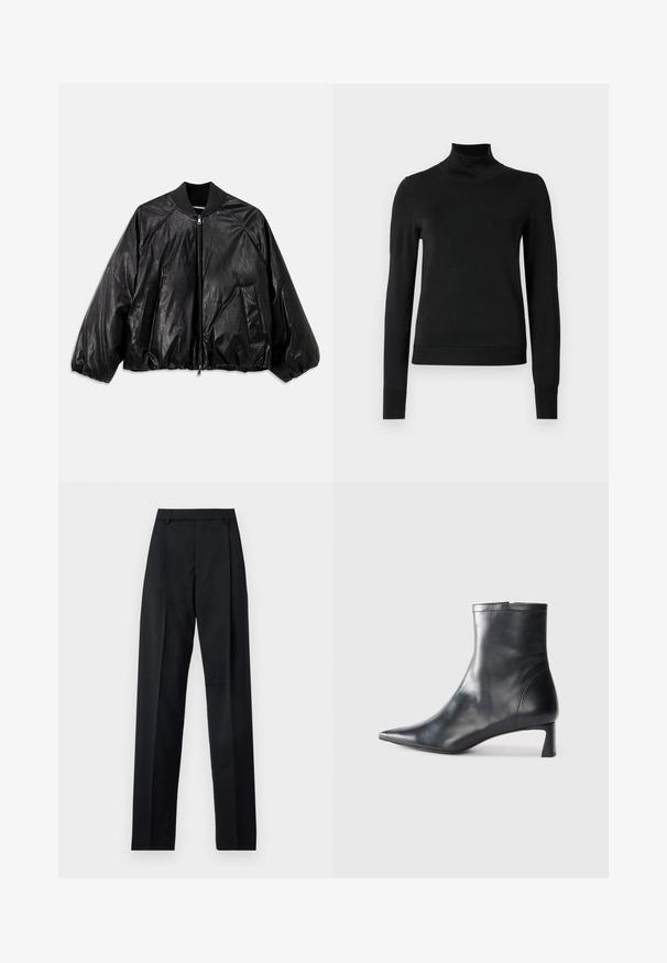 Black leather bomber jacket with a ribbed collar, elastic cuffs, front pockets, and a zipper closure. Features a slightly shiny texture.; Black long-sleeve turtleneck sweater with ribbed cuffs and hem, displayed on a plain white background.; Black trousers made from smooth fabric featuring a high waist, wide legs, front pleats, and classic belt loops. No side pockets visible.; Black leather ankle boot with a pointed toe and a sleek design. Features a low heel and a zipper closure at the back. Smooth texture.