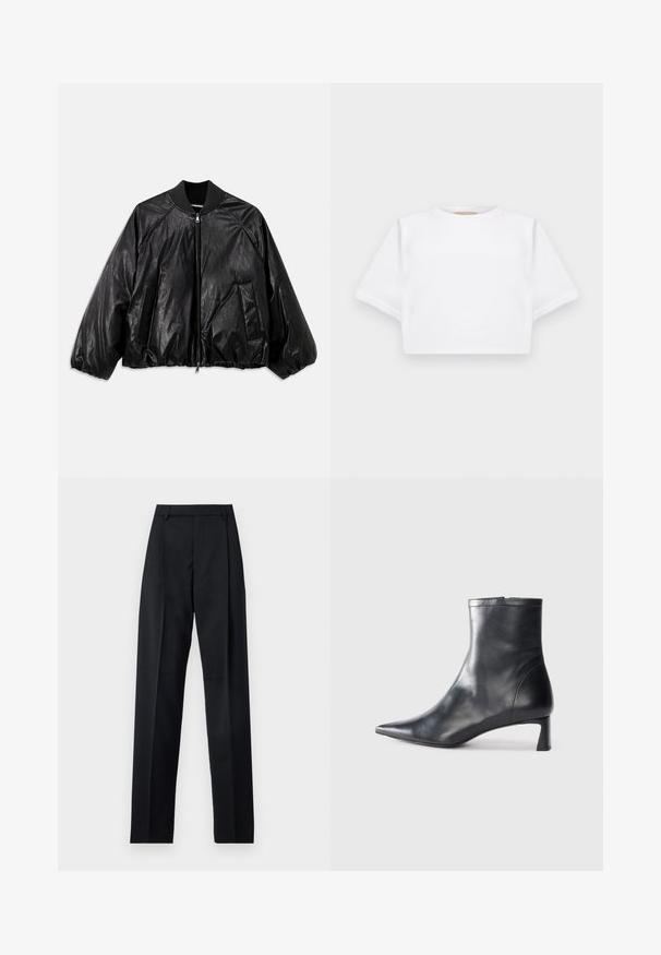 Sort læder bomberjakke med ribbestrikket krave, elastiske ærmer, frontlommer og lynlåslukning. Har en let blank tekstur.; KFrakelse hvid t-shirt lavet af blødt stof, med korte ærmer, rund halsudskæring og ribbede nederste detaljer. Enkel og udekoreret design.; Sorte bukser lavet af glat stof, der har høj talje, brede ben, frontfolder og klassiske bælteløkker. Ingen synlige sidelommer.; Sort læder ankelstøvle med spids tå og et strømlinet design. Har en lav hæl og en lynlås lukning bagpå. Glat tekstur.