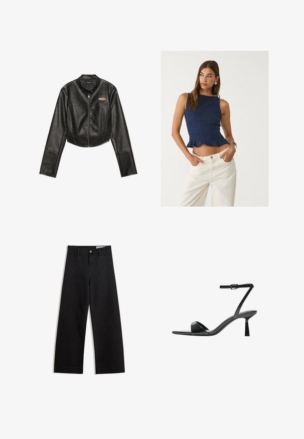 Giacca in pelle nera cropped con zip frontale, colletto rotondo e due tasche sul petto. Presenta un materiale testurizzato e un sottile accento del logo.; Top corto blu scuro arricciato con orlo a volant, caratterizzato da una linea aderente e senza maniche, abbinato a jeans bianchi a vita alta.; Pantaloni in denim neri a gamba larga con vita alta, dotati di tasche anteriori e posteriori, cuciture a punto, e chiusura con bottone. Texture liscia.; Bershka Sandali con tacco - black