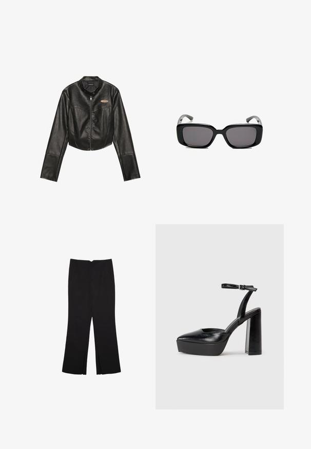 Giacca in pelle nera cropped con zip frontale, colletto rotondo e due tasche sul petto. Presenta un materiale testurizzato e un sottile accento del logo.; Top corto senza maniche nero realizzato in tessuto liscio, con scollatura rotonda e un design pulito e semplice, privo di pattern o accessori.; Pantaloni neri a gamba dritta, con tasche frontali e spacchi laterali all'orlo. Realizzati in tessuto morbido e liscio. Adatti a diverse occasioni.; Tacchi a piattaforma neri con punta appuntita e cinturino regolabile alla caviglia. Realizzati in pelle liscia, presentano un tacco a blocco spesso.; Occhiali da sole neri rettangolari con lenti scure, montatura in plastica liscia e tempie curve. Il design è voluminoso con un'estetica minimalista.