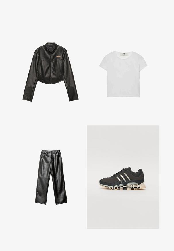 Črna krojena usnjena jakna z zadrgo spredaj, okroglo ovratnikom in dvema žepoma na prsih. Ima teksturirano blago in subtilen logotip.; Bela majica s kratkimi rokavi in okroglim ovratnikom, izdelana iz mehke bombažne tkanine, ki ima preprost, čist dizajn brez vidnih vzorcev ali poudarkov.; Črne usnjene hlače širokega kroja z gladko teksturo, petimi žepi in šivi vzdolž hlačnic ter pasu.; Črne športne čevlje z teksturiranim zgornjim delom, tremi srebrnimi črtami in značilno blažilno podplatom, ki vključuje več integriranih delov.