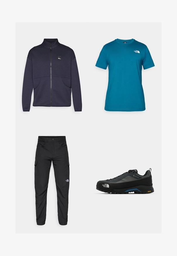 Mornarsko plava zip-jakna napravljena od teksturirane tkanine, s visokim ovratnikom, dva bočna džepa i malim logotipom na prsima.; Tirkizna majica kratkih rukava izrađena od mekog pamuka, s bijelim logom otisnutim na lijevoj strani prsnog koša i klasičnim dizajnom kružnog izreza.; The North Face HORIZON PANT - Hlače za otvoreno - black; The North Face VERTO ALPINE GORE TEX - Obuća za pješačenje - asphalt grey/tnf black