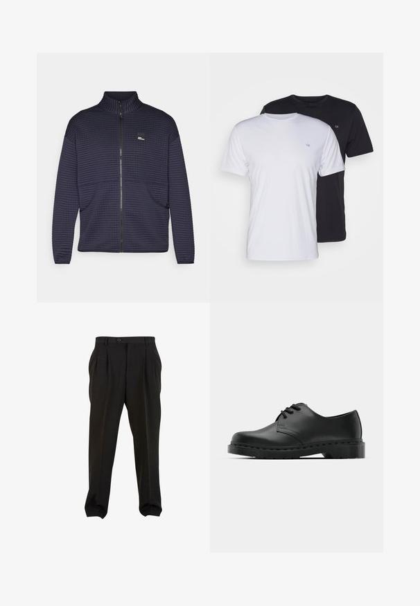 Navy blauwe jasmantel met rits, gemaakt van textuurstof, met een hoge kraag, twee zijzakken en een klein logo op de borst.; Twee katoenen t-shirts in het wit en zwart, met korte mouwen en ronde halsen, voorzien van een klein logo op de borst, met een soepele textuur.; Zwarte broek van gladde stof, met voorplooien, een knopenband en taps toelopende enkelboorden. Klassieke taillering.; Zwarte leren oxford schoenen met vetersluiting, ronde neus, platte rubberen zool en subtiele stiksel details langs het bovenwerk.