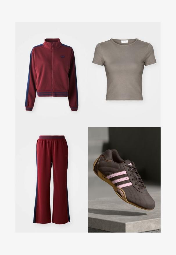 Burgunderfarget glidelåsjakke med høy krage, marineblå sidepaneler og stripete detaljer ved mansjettene og livet. Myk, strukturert stoff.; Kortermet T-skjorte med rund hals i taupe, laget av glatt bomull. Har en tettsittende design og fine sømmer langs kanten og ermene.; Røde joggebukser med løs passform, med marineblå sidelister og en bred ben-design. Elastisk liv for komfort.; Brune suede atletik sko med rosa striper og logo, med en teksturert overdel, snøring og såle i gummigummi.