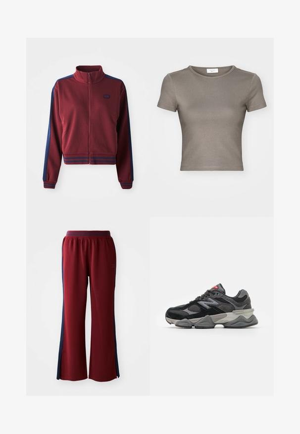 Maroon zip-up jacket with high collar, navy blue side panels, and striped accents at the cuffs and waistband. Soft, textured fabric.; Short-sleeve, crew-neck T-shirt in taupe, made from smooth cotton. Features a fitted design and fine stitching along the hem and sleeves.; Red sweatpants with a loose fit, featuring navy blue side stripes and a wide leg design. Elastic waistband for comfort.; Black and gray sneaker with a mix of suede and mesh materials, thick sole, prominent logo, and red accent on the tongue.