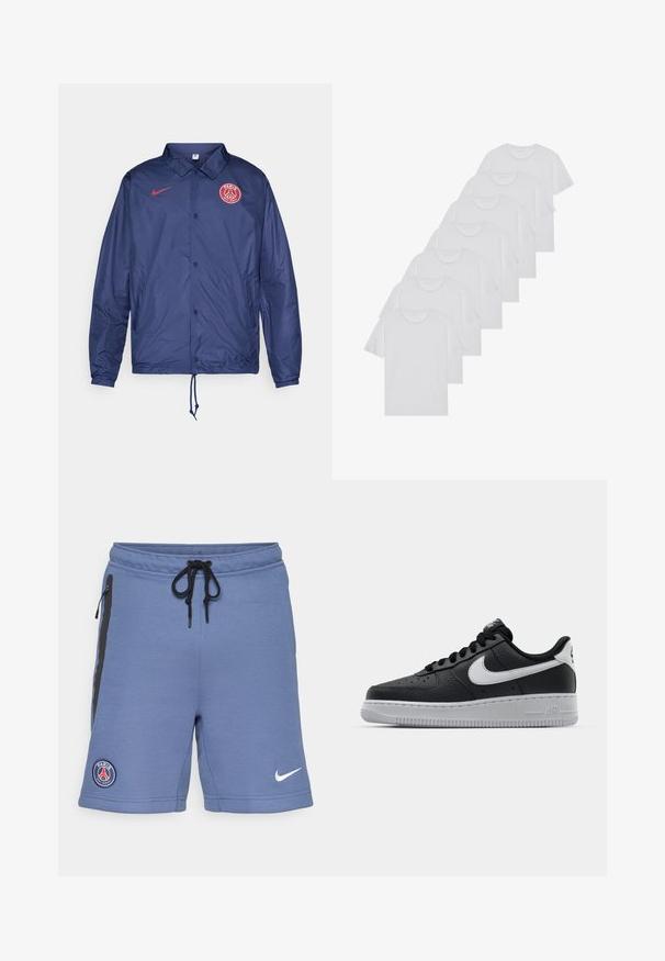 Mörkblå Nike-jacka med tryckknappar, Paris Saint-Germain-logga på bröstet, elastiska ärmslut och dragsko i nederkanten.; Vita bomull T-shirts, korta ärmar, rundad halsdesign, slät textur, staplade i en rad, med subtil branding vid halsringningen.; Blå sportshorts i mjuk tyg, med svarta siddragkedjor, resårmidja med snörning och en Paris Saint-Germain-logotyp på vänster sida.; Svart lädersneaker med strukturerad yta, vit Nike-swoosh, grå sula, rund tå och snörningsdesign. Har perforeringar på tåboxen.