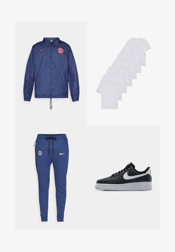 Mørkeblå Nike-jakke med trykknapper, Paris Saint-Germain-logo på brystet, elastiske mansjetter og snøring i kanten.; Hvite bomulls T-skjorter, korte ermer, rund hals-design, enkel tekstur, stablet i en rekke, med subtil merking ved halsen.; Blå treningsbukser med strikk i livet, sidelommer med glidelås, svarte detaljer og logoer: PSG-emblem og Nike-svush.; Svart lær sneakers med teksturert overflate, hvit Nike swoosh, grå såle, rund tå og snøredesign. Har perforeringer på tåboksen.