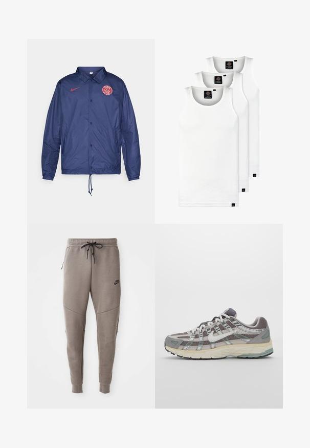 Tumši zils Nike sporta žakets ar pogām, Parīzes Saint-Germain logo uz krūtīm, elastīgas aproces un savelkamais apakšmalas tīklis.; Trīs baltas ribotas krūšturi, kas izgatavoti no kokvilnas. Iezīmēti ar apaļu kakla izgriezumu un maziem melniem etiķetēm tuvu apakšmalai. Pieejami vairākos izmēros.; Pelēki Nike sporta bikses ar aukliņu viduklī, sašaurinātiem galiem, sānu kabatām un izteiktām šuvēm. Mīksta, teksturēta auduma.; Pelēkie sporta apavi ar tīkla un zamša augšdaļu, baltiem akcentiem, mīkstinātu zoli un izcilu dizainu ar atstarotājiem.