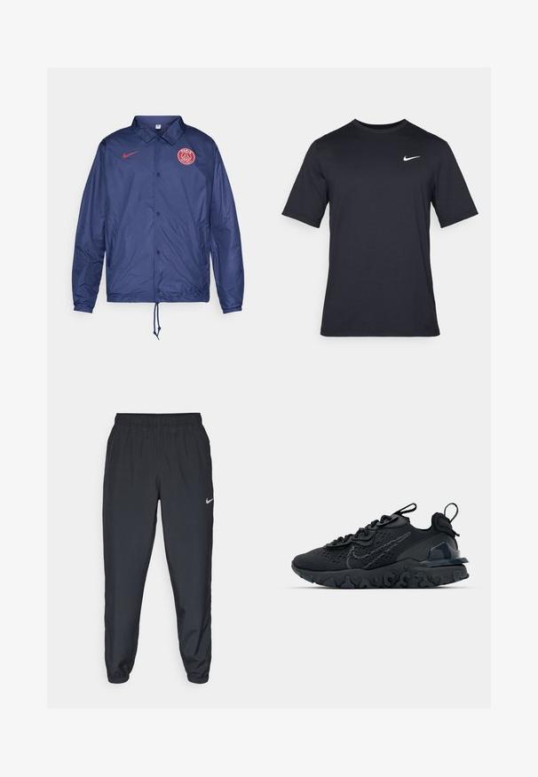 Chaqueta de Nike color azul marino con botones a presión, logo del Paris Saint-Germain en el pecho, puños elásticos y dobladillo ajustable con cordón.; Camiseta negra de manga corta de Nike hecha de tela suave, con un logo de swoosh blanco en la parte superior izquierda y cuello cuadrado.; Pantalones deportivos negros hechos de tela ligera con una cinturilla elástica, puños en los tobillos y un discreto logo de Nike en el lado izquierdo.; Zapato deportivo negro con una parte superior de malla transpirable, acentos texturizados y una suela de goma ondulada. Presenta un logotipo reflectante y un sistema de cordones.