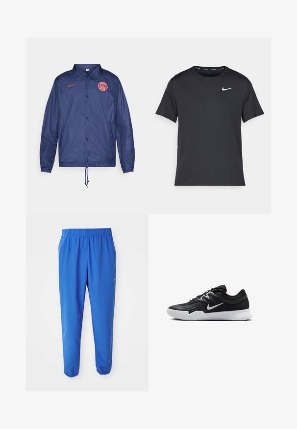 Tengerészkék Nike dzseki patentgombokkal, Paris Saint-Germain logóval a mellrészen, rugalmas mandzsettákkal és húzózsinórral ellátott alsó résszel.; Fekete Nike futó póló, könnyű, légáteresztő anyagból készült, rövid ujjú, és a mellkasán egy kicsi fehér logó található.; Kék sportnadrág rugalmas derékpánttal, egyenesen szabott lábakkal és szűkített szárakkal. Az egyik oldalon arany Nike logóval ellátva.; Fekete sportcipő texturált felsőrésszel, fehér Nike logóval és fehér gumitalppal. Fűzős kialakítással és dinamikus formával rendelkezik.