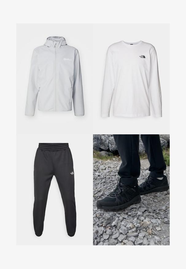 Jack Wolfskin BORNBERG HOODY - Giacca softshell - cool grey; T-shirt bianco a maniche lunghe in cotone con colletto rotondo. Presenta un piccolo logo nero sul petto. Texture liscia, vestibilità regolare.; Pantaloni sportivi neri con vita regolabile tramitecordino, vestibilità affusolata, polsini elasticizzati e un piccolo logo bianco sulla coscia sinistra, realizzati in tessuto morbido.; Scarpe da esterni nere realizzate in mesh e materiale sintetico, con una parte superiore testurizzata, un sistema di allacciatura sicuro e una suola robusta, su terreno roccioso.