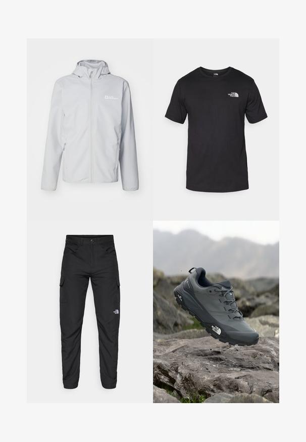 Jack Wolfskin BORNBERG HOODY - Jachetă softshell - cool grey; Tricou scurt din bumbac, de culoare neagră, cu guler rotund și un mic logo alb în partea de sus a pieptului stâng.; The North Face HORIZON PANT - Pantaloni outdoor - black; Pantof de alergare pe trasee gri, cu o partieră texturată, talpă din cauciuc durabil și vârf întărit. Dispune de șireturi și logo-ul brandului pe lateral.