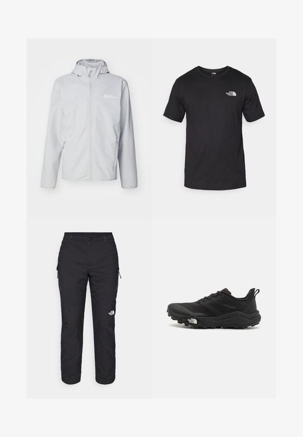Jack Wolfskin BORNBERG HOODY - Giacca softshell - cool grey; T-shirt nera a maniche corte in cotone, con scollatura rotonda e un piccolo logo bianco nell'area superiore sinistra del petto.; The North Face WINTER EXPLORATION TAPERED CARGO - Pantaloni outdoor - black; Scarpa da trail running nera con tomaia texture, suola in gomma e punta rinforzata. Presenta un collare imbottito e un tassello per un indossamento facile.