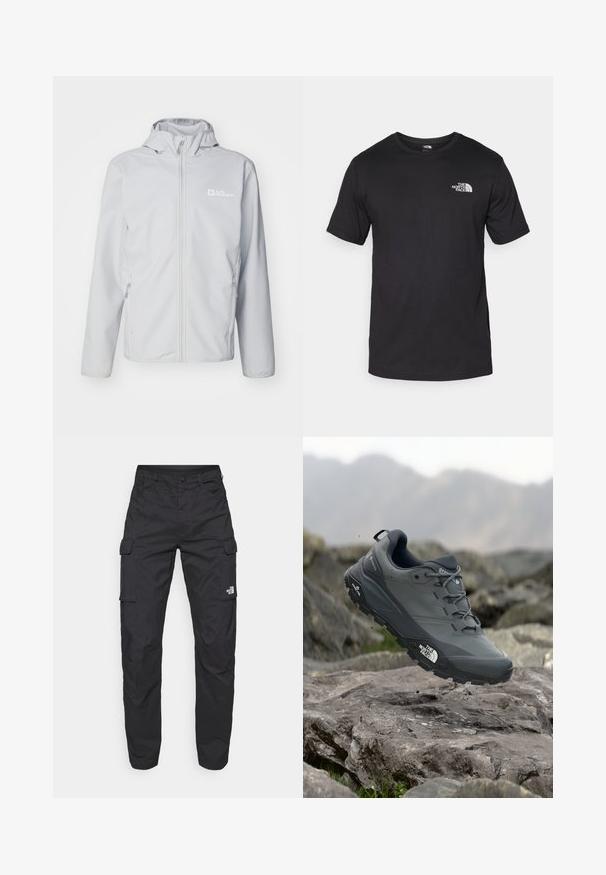 Jack Wolfskin BORNBERG HOODY - Softshell-jope - cool grey; Must have lühikeste varrukatega must T-särk, mis on valmistatud puuvillast, ümmarguse kaelusega ja väikese valge logoga vasakus ülanurgas.; The North Face EXPLORATION PANTS - Kargopüksid - black; Hallhalli jooksukingad halli värvi, tekstureeritud ülemise osaga, vastupidava kummist tallaga ja tugevdatud varvaste kattega. Omab paelu ja kaubamärgi logo küljel.