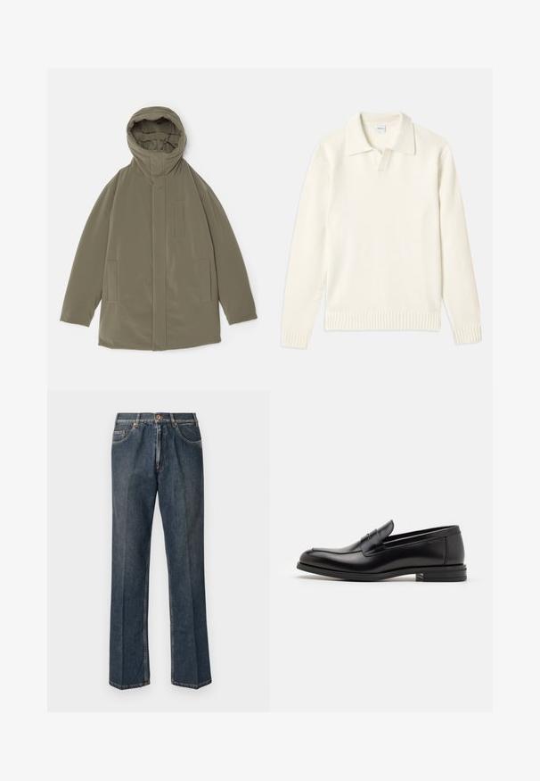 Veste vert olive avec une capuche, tissu lisse, fermeture éclair sur le devant, deux poches latérales et des éléments de design minimalistes.; Pull en tricot de couleur crème avec un col polo, des poignets et un ourlet côtelés, comportant une patte de boutonnage sur le devant et une texture douce.; Jeans en denim droit bleu foncé avec un bouton à l'avant, une fermeture éclair, deux poches avant et des plis verticaux visibles le long des jambes.; Mocassins en cuir noir avec une texture lisse, bout rond et une sangle décorative sur le dessus. Talon bas empilé, design minimaliste.