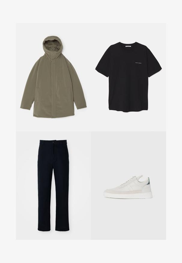 Oliwkowa kurtka z kapturem, gładki materiał, zamek błyskawiczny z przodu, dwie boczne kieszenie i minimalistyczne elementy wzornicze.; Czarny bawełniany T-shirt z okrągłym dekoltem, krótkimi rękawami i białym nadrukiem logo na lewej piersi. Prosty, jednolity kolor.; Granatowe spodnie wykonane z bawełny, z prostą nogawką, z zapięciem na guziki z przodu oraz klasycznym pasem z pętelkami na pasek.; Białe skórzane trampki z szarymi zamszowymi akcentami, sznurowany design, uchwyt oraz teksturowana gumowa podeszwa z wzorem w zygzak.