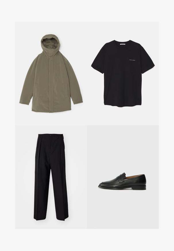 Jachetă verde măslinie cu glugă, material neted, închidere cu fermoar în față, două buzunare laterale și elemente de design minimaliste.; Tricou din bumbac negru, cu guler rotund, mâneci scurte și un imprimeu alb cu logo pe partea stângă a pieptului. Design simplu, de culoare uniformă.; Pantaloni negri plisat cu un design drept și pantaloni largi. Construiți dintr-un material neted, prevăzuți cu închidere cu nasture și bucle pentru curea.; Lofer din piele neagră, cu vârf rotund, detalii cusute subtile și toc jos, având o textură netedă și un design minimalist.