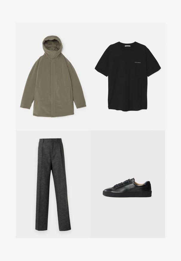 Olivno zelena jakna s kapuco, gladek material, sprednja zadrga, dve stranski žepi in minimalistični oblikovni elementi.; Črna bombažna majica s kratkimi rokavi in okroglim ovratnikom, z belim logotipom natisnjenim na levi prsni strani. Preprost, enobarven dizajn.; Sive krojene hlače iz teksturirane tkanine, ki imajo dva sprednja nabora in ravno kroj. Brez vidnih žepov ali okrasnih elementov.; Črne usnjene superge z gladko površino, okroglo špičko in vezalnim sistemom. Opremljene so z debelim gumijastim podplatom in minimalnim logotipom.