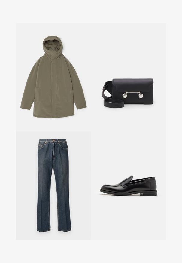 Olivgrüne Jacke mit Kapuze, glattes Material, Vorderreißverschluss, zwei Seitentaschen und minimalistischen Designelementen.; Tiefblaue kurzärmelige T-Shirt mit weißem Text "neanche per sogno" zentriert auf der Brust, Rundhalsausschnitt, Größe M.; Dunkelblaue, gerade Jeans aus Denim mit vorderem Knopf, Reißverschluss, doppelten vorderen Taschen und sichtbaren vertikalen Falten entlang der Beine.; Schwarze Lederloafers mit glatter Textur, rundem Zehenbereich und einem dekorativen Riemen über dem Vorderfuß. Niedriger, gestapelter Absatz, minimalistisches Design.; Schwarze Leder-Umhängetasche mit Klappenverschluss, silberfarbener Hardware und zwei runden Akzenten. Verfügt über einen abnehmbaren Schulterriemen. Glatte Textur.