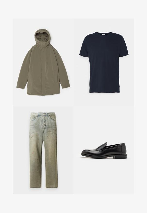 Veste vert olive avec une capuche, tissu lisse, fermeture éclair sur le devant, deux poches latérales et des éléments de design minimalistes.; T-shirt en coton bleu marine avec un col rond et des manches courtes, présentant une texture lisse et un design simple, sans motifs ni accents visibles.; Jeans en denim déchiré de couleur vert clair, avec une coupe droite, un design à cinq poches et un délavage inégal agrémenté de taches de peinture.; Mocassins en cuir noir avec une texture lisse, bout rond et une sangle décorative sur le dessus. Talon bas empilé, design minimaliste.