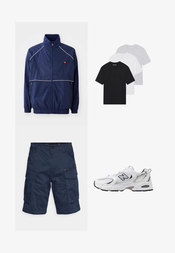 Granatowa kurtka wiatrówka z wysokim kołnierzem, białymi detalami, zamkiem z przodu oraz dwiema bocznymi kieszeniami. Logo na klatce piersiowej.; Zestaw trzech podstawowych t-shirtów w kolorach czarnym, białym i jasnoszarym. Krótkie rękawy, okrągły dekolt, wykonane z gładkiej bawełnianej tkaniny. Widoczne logo marki.; Granatowe szorty cargo z wieloma kieszeniami, z zamkowymi akcentami i zapięciem na guzik. Wykonane z wytrzymałego, lekkiego materiału zapewniającego wszechstronność.; Białe sportowe buty z siateczkową cholewką, granatowymi akcentami i wyściełaną podeszwą. Posiadają logo "N", sznurówki oraz teksturowany detal po boku.