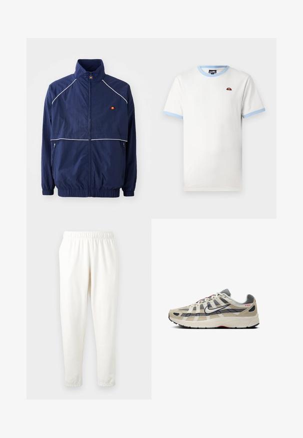 Marineblå vindjakke med høj krave, hvid piping, lynlås foran og to sidelommer. Branding på brystet.; Hvid t-shirt i bomuld med lyseblå ribkant ved kraven og ærmekanterne. Har et lille rødt og orange logo på brystet. Klassisk pasform.; Elastisk-talje cremfargede sweatpants med tapered ben, lavet af blødt materiale. Har en glat overflade og ingen synlige mønstre eller accenter.; Beige løbesko med grå mesh og ruskind detaljer, hvide accenter, sort sål, rød branding og et unikt krydsmønster på overdelen.