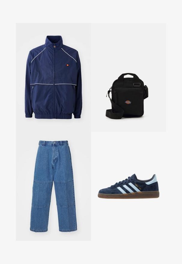 Granatowa kurtka wiatrówka z wysokim kołnierzem, białymi detalami, zamkiem z przodu oraz dwiema bocznymi kieszeniami. Logo na klatce piersiowej.; Biała, długorękawowa koszulka z bawełny. Posiada małe, okrągłe, wielokolorowe logo na piersi. Prosty design z ściągaczami przy mankietach.; Jasnoniebieskie dżinsy o luźnym kroju, z dwoma różnymi panelami materiałowymi, z zapięciem na guziki z przodu i szerokimi nogawkami.; Granatowe zamszowe tenisówki Adidas z jasnoniebieskimi paskami, gumową podeszwą, jasnoniebieską zakładką na pięcie oraz złotym logo "Spezial" po boku.; Czarna torebka na ramię z zamkiem błyskawicznym, prostokątna, wykonana z tkaniny, z naszywką logo z przodu, z regulowanym paskiem na ramię.