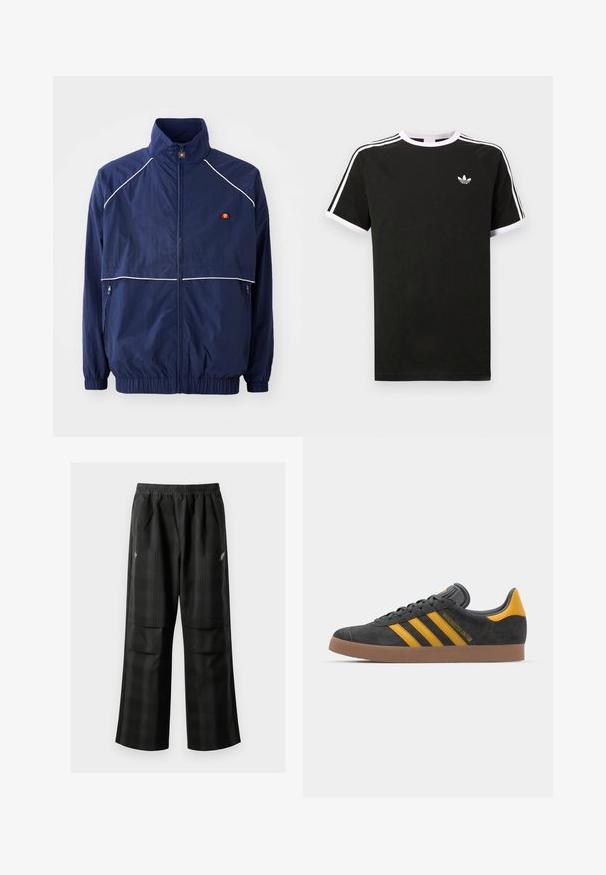 Marineblå vindjakke med høj krave, hvid piping, lynlås foran og to sidelommer. Branding på brystet.; Sort t-shirt lavet af bomuld med hvide accenter. Har korte ærmer, raglan-design og et lille logo på brystet. Tre hvide striber på skuldrene.; Sorte ternede bukser med elastisk talje, to forlommer og en løs pasform med lige ben. Fremstillet af letvægtsmateriale.; Sort suedet sneaker med gule accenter, der har tre striber og en brun gummisål. Inkluderer en polstret tunge for komfort.