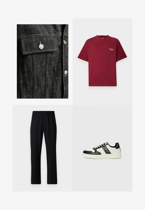 Fekete farmerdzseki ezüst hardware-rel, kontrasztos bézs varrással, mellzsebbel fedéllel, és strukturált szabással.; Burgundi színű pamut póló rövid ujjakkal, kerek nyakkivágással, és fehér "ORIGINALS STUDIO" felirattal a bal mellen.; Fekete, gumíros derekú nadrág egyenes szabással, sima felülettel, látható minták vagy fémrészek nélkül.; Fekete és krém színű bőrsneaker, perforált díszítésekkel, párnázott bokapánttal és texturált talppal.