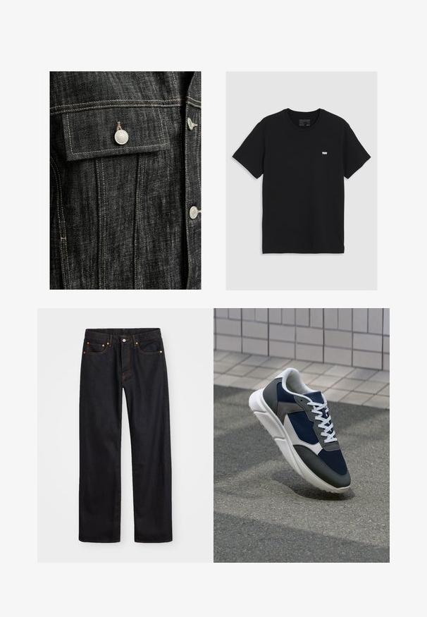 Crna traper jakna s srebrnim detaljima, kontrastnim bež šavovima, džepom na grudima s preklopom i strukturnim krojem.; Crna pamučna majica kratkih rukava, okrugli izrez, ima mali bijeli Levi's logo na prsima, glatka tekstura, klasičan kroj.; Muške traperice ravnog kroja, crne boje, s pet džepova i narančastim šavovima, sa zatvaranjem na dugme i patentni zatvarač na prednjem dijelu struka.; Tenisice s gornjim dijelom od mrežastog materijala tamnoplave boje, siva antilopova naglašavanja, bijela gumena potplat i ravne bijele vezice, dizajnirane za udobnost i prozračnost.