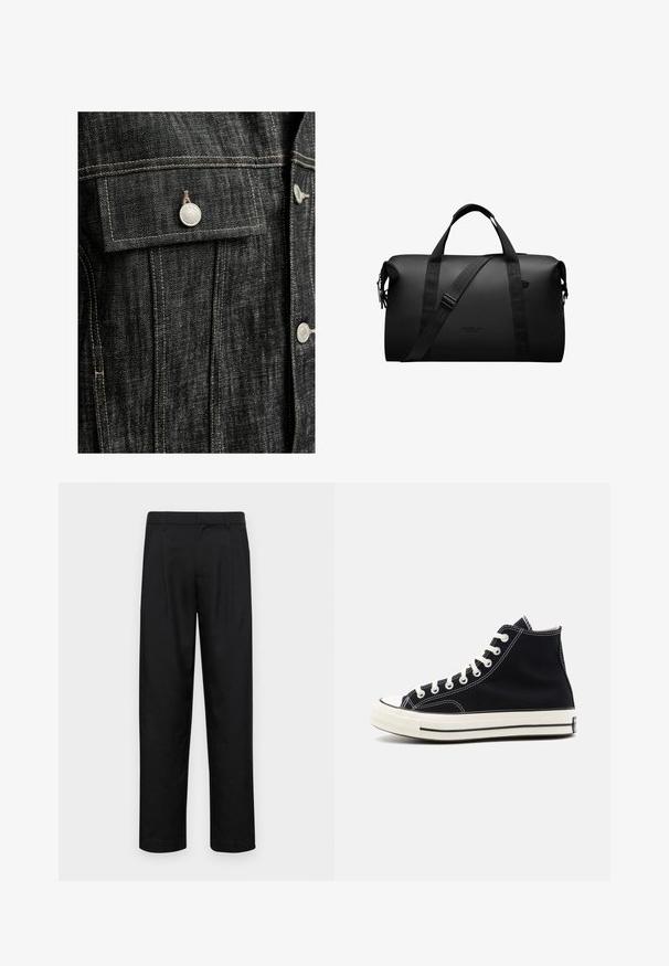 Schwarze Jeansjacke mit silbernem Hardware, kontrastierenden beigen Nähten, einer Brusttasche mit Klappe und einem strukturierten Schnitt.; Dunkelblaues T-Shirt mit kurzen Ärmeln aus weichem Stoff, mit einem V-Ausschnitt und zwei Knopfdetails auf einer Seite sowie einer lässigen Passform.; Schwarze Hose aus glattem Stoff, mit geradem Bein Design, zwei vorderen Falten und einem Standardbund mit Gürtelschlaufen.; Schwarze Canvas-Hochschuhe mit weißen Schnürsenkeln, Gummispitze und einer kontrastierenden weißen Sohle mit schwarzen Streifen entlang der Kante.; Schwarze Reisetasche aus strapazierfähigem Material; verfügt über zwei Griffe und einen verstellbaren Schultergurt; minimalistisches Design mit Logodetail.