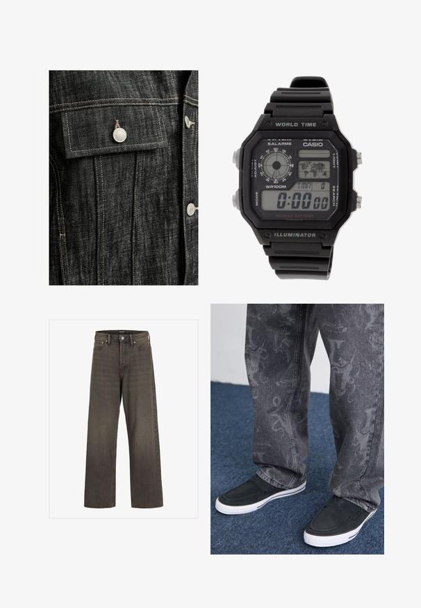 Black denim jacket featuring silver hardware, contrasting beige stitching, a chest pocket with flap, and a structured fit.; Black cotton t-shirt with a crew neckline, short sleeves, and a relaxed fit. Smooth texture and no visible patterns or accents.; Wide-leg jeans in dark grey denim, featuring a high waist, classic five-pocket design, and contrasting stitching along the seams.; Black slip-on shoes with white sole, textured, paired with grey jeans featuring a subtle patterned design, set against a blue carpet background.; Digital wristwatch with a black rubber strap, rectangular case, and lens. Displays time, world time map, and buttons for alarm and light.