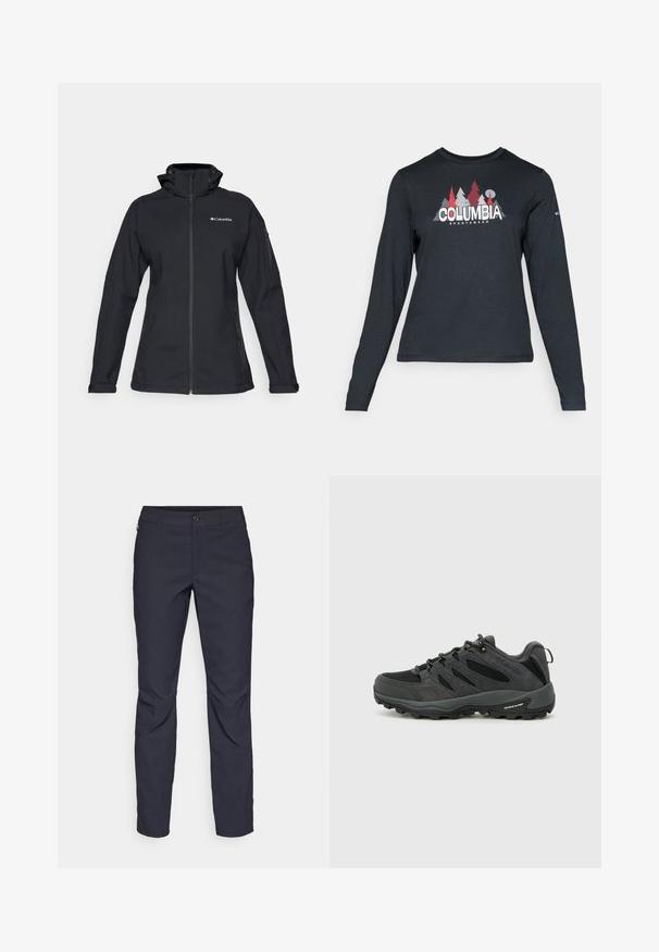 Jaqueta softshell preta com gola alta, fecho de correr completo, bolsos laterais com zipper e detalhe de logo no peito. Tecido texturizado, design ajustado.; Camisa de mangas longas cinza escuro com um gráfico de árvores vermelhas e montanhas; logótipo "COLUMBIA" em texto branco em negrito. Tecido suave, cuello redondo padrão.; Calças azul-marinho feitas de tecido liso, com fecho frontal em botão, design slim-fit e detalhes pregueados nos joelhos.; Columbia REDMOND - Sapatos de caminhada - black/citron haze