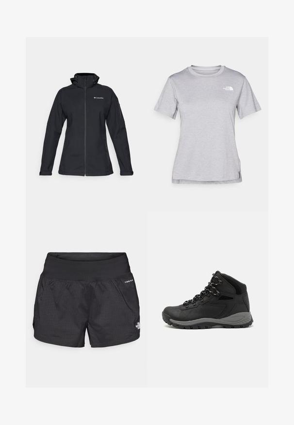 Veste softshell noire avec un col montant, fermeture éclair intégrale, poches latérales zippées et accent de logo sur la poitrine. Tissu texturé, design ajusté.; T-shirt gris à manches courtes fabriqué en tissu doux et évacuant l'humidité. Il présente un col rond et un petit logo blanc en haut à gauche.; Shorts de course noirs avec un tissu texturé, une taille élastique et des poches latérales ; affiche un petit logo à l'avant.; Botte de randonnée noire au design mi-haut, avec un dessus texturé, des accents gris et une semelle en caoutchouc durable avec des crampons de traction.