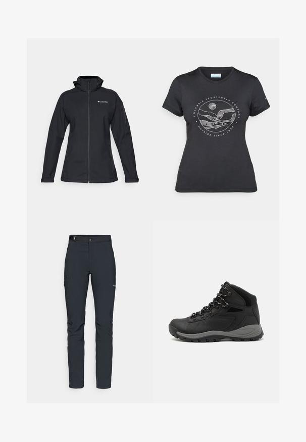 Czarna kurtka typu softshell z wysokim kołnierzem, pełnym zapięciem na zamek błyskawiczny, kieszeniami bocznymi na zamek oraz z logo na klatce piersiowej. Teksturowany materiał, dopasowany krój.; Czarny t-shirt Columbia z białą okrągłą grafiką gór i rzeki oraz napisem "Columbia Sportswear Company Outside Since 1938."; Męskie spodnie outdoorowe, ciemnoszare, wykonane z elastycznego materiału, z paskiem, kieszeniami na zamek oraz wzmocnionymi szwami.; Czarne buty trekkingowe z średnim cholewem, z teksturowaną cholewą, szarymi akcentami oraz trwałą gumową podeszwą z wypustkami zapewniającymi przyczepność.