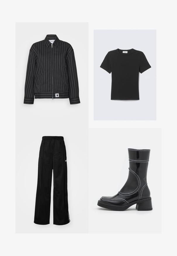 Sort jakke med hvide lodrette striber, lynlåslukning foran, spids krave og et logo patch ved kanten. Fremstillet af et glat stof.; Sort T-shirt med korte ærmer lavet af blød bomuld, med rund halsudskæring og almindelig pasform, uden synlige mønstre eller detaljer.; Sorte brede træningsbukser med elastisk talje, prydet med hvide side-striber og et lille logo på venstre hofte. Glat stofstruktur.; Sort patenteret læder ankelstøvle med hvid stikning, rund tå og blokhæl. Har buede designlinjer og en glat tekstur.