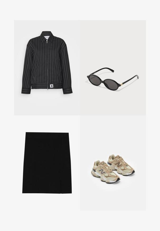 Czarna kurtka w białe pionowe paski, z zapięciem na zamek błyskawiczny z przodu, szpiczastym kołnierzem i łatą z logo na dole. Wykonana z gładkiego materiału.; Krótki rękaw kremowy ryżowy crop top połączony z jasnoniebieskimi dżinsami z wysokim stanem i wzorzystym paskiem z ćwiekami oraz ozdobną klamrą.; Czarna mini spódnica z miękkiego materiału, o dopasowanym kroju, z delikatnym rozcięciem po boku dla dodatkowego akcentu.; Beżowe sneakersy z siateczki i zamszu. Zawierają czarne logo i teksturowane akcenty. Gruba biała środkowa podeszwa i czarna gumowa podeszwa.; Czarne okulary przeciwsłoneczne w kształcie owalu z ciemnymi soczewkami, błyszcząca plastikowa oprawa i złote akcenty na zausznikach.; Czarna skórzana torebka o strukturalnym designie, z górnym uchwytem i zapięciem w złotym odcieniu. Posiada teksturowaną powierzchnię z wytłoczonym logo.