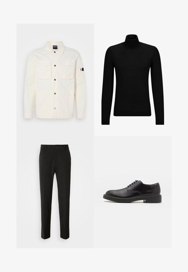 Hele kreemine särk-jakk, mis on valmistatud struktuuriga kangast, millel on nööbiga sulgemine, kaks rinnaTaskut ja lukuga Tasku vasakul varrukal.; Musthave muströid ja pehmest materjalist must turtleneck, millel on pikad varrukad ja tihe istuvus. Ribaga ääris allservas ja vöökohal. Lihtne disain.; Mustad püksid siledast kangast, sirgete jalgadega, nupuvõtme sulgemisega ja klassikaline disain, sobiv nii ametlikeks kui ka igapäevasteks kandmiseks.; Must beemel levalis kingad ümarate varvastega, sileda pinnaga, minimaalsete õmblustega ja madala kummist kontsaga. Logo kontsa peal.