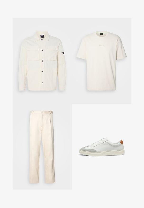 Light cream shirt jacket made of textured fabric, featuring a button closure, two chest pockets, and a zip pocket on the left sleeve.; BOSS TEE - Basic T-shirt - open white; Beige cotton trousers with a straight-leg cut, featuring a button closure and pleats at the front for added detail.; White leather sneakers with gray suede accents and a tan leather heel tab. Features a textured surface and lightweight sole.