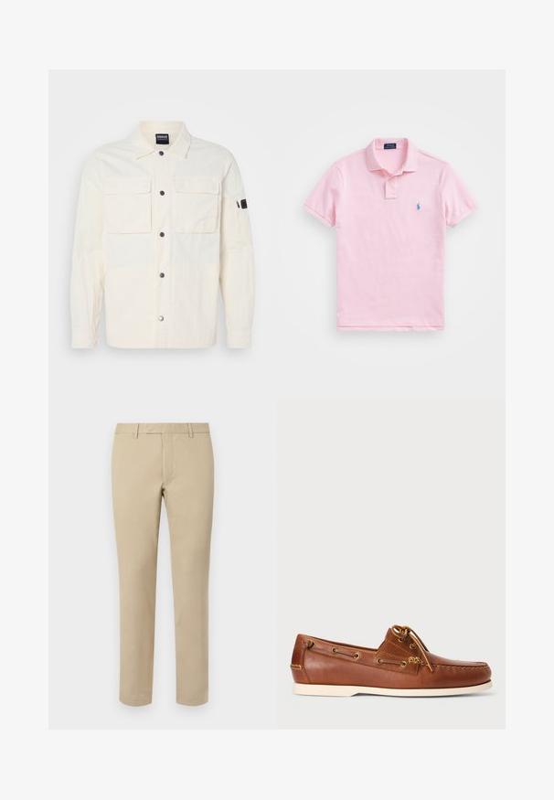 Világos krémszínű ingdzseki texturált anyagból, gombos záródással, két mellzsebbel és egy cipzáros zsebbel a bal ujján.; Rózsaszín pólóing, amely pamutból készült, két gombos nyakkivágással, rövid ujjakkal és egy kis kék hímzett logóval a mellrészen.; Beige vászon nadrág egyenes szabással, övhurkokkal, lapos elülső résszel és kifinomult szegésekkel. Simább textúra és minimális részletezés.; Barna bőr csónakcipő, fűzéssel, arany szemekkel és krémszínű gumitalppal. Emelt varrásmintázattal a lábujjnál.