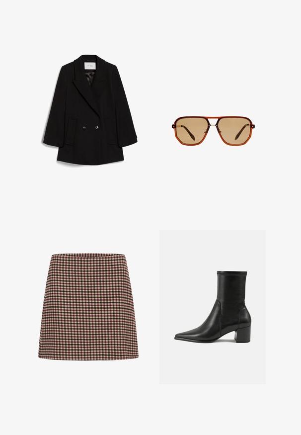 Schwarzer doppelt geknöpfter Mantel mit Reverskragen, zwei vorderen Taschen und subtiler Textur, ausgestattet mit runden schwarzen Knöpfen.; Schwarzer Rollkragenpullover mit langen Ärmeln, aus einem glatten Strickstoff. Verfügt über einen taillierten Oberteil und gerippte Bündchen sowie Saum.; Ein rot-weißer kariert Minirock mit geradem Schnitt und strukturiertem Stoff. Keine sichtbaren Verschlüsse oder Verzierungen.; Schwarze Knöchelstiefel aus glattem Leder, mit spitzem Zehenbereich, einem Blockabsatz und markanten, raised stitching am oberen Rand.; Braune achteckige Sonnenbrille mit einem transparenten, bernsteinfarbenen Rahmen und braun getönten Gläsern. Verfügt über eine Metallverzierung am Steg und schlanke Bügel.; Braune Wildleder-Umhängetasche mit zwei Griffen, einem Knopfverschlussriemen und einer entspannten, leicht schlaffen Form.