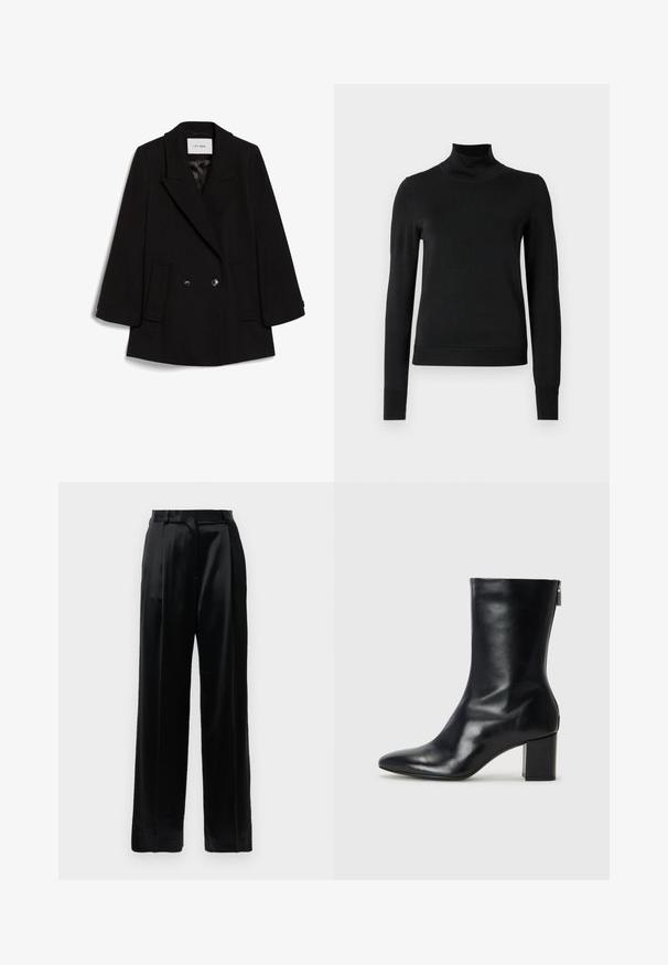 Mustmust jaheline mantel, millel on narmastega krae, kaks eesmist taskut ja õrn tekstuur, ümmarguste mustade nööpidega.; Mustmusterta mustaga pikkade varrukatega kõrge kaelusega sviiter, millel on ribakudumisega mansetid ja äär, esitatud lihtsal valgel taustal.; Mustad kõrge vöökohaga satiinstruktuuriga püksid, sirgete laiade jalgadega, vööloopide ja lapiku eeskinni sulgemisega valge tausta ees.; Must musta ankle boot teravaid varvastega ja 4 cm plokknõela. Suurepärase disainiga, millel on külgrihm lihtsaks läbi panemiseks. Sile tekstuur.