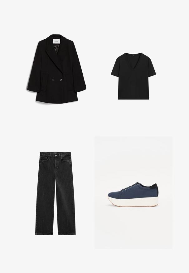 Black double-breasted coat with a notched collar, two front pockets, and subtle texture, featuring round black buttons.; Black short-sleeve V-neck T-shirt with a simple, fitted design on a white background.; Wide-leg black denim jeans with a subtle vertical stripe pattern, featuring five-pocket design and a classic button closure at the waist.; Navy blue sneaker with a textured fabric upper, white platform sole, rounded toe, and black heel accent. Features six eyelets for laces.