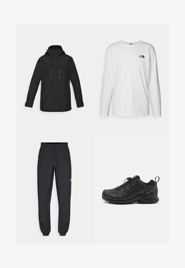 Černá nepromokavá bunda s kapucí, přední kapsy na zip a rovný střih. Obsahuje nastavitelný manžety a hladkou texturu.; Bílý dlouhý rukáv tričko vyrobené z bavlny s kulatým výstřihem. Na hrudi se nachází malé černé logo. Hladká textura, běžný střih.; Černé sportovní kalhoty vyrobené z lehké tkaniny, s páskem na šňůrku, bočními kapsami a zúženými manžetami na kotnících.; Černá sportovní bota s texturovaným syntetickým svrškem, polstrovanou podrážkou a rychlouzavíracím systémem. Obsahuje zesílenou špičku a patu.