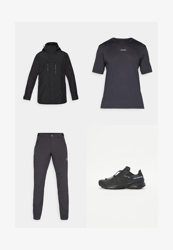 Veste noire imperméable avec capuche, poches avant zippées et coupe droite. Comprend des poignets ajustables et une texture lisse.; T-shirt de performance noir à manches courtes en tissu respirant, avec un col rond et un petit logo "SALOMON" blanc sur la poitrine.; Pantalons d'extérieur gris foncé avec une coupe slim, fabriqués en matériau flexible. Comprend trois poches zippées et un détail de logo.; Chaussure de trail running noire avec une tige texturée, des lacets élastiques et une semelle extérieure Contagrip. Présente un ajustement serré et un pare-chocs protecteur.